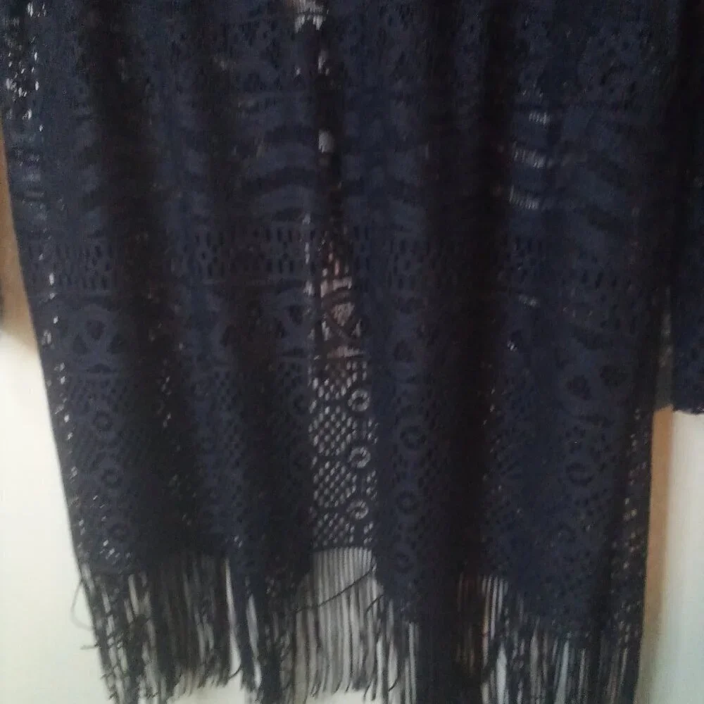 Dotti Cardigan Sweater Women S Long Sleeve Fringe Lace Open Tie Front Black